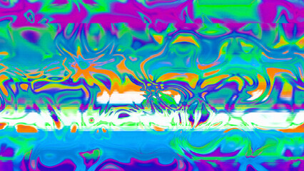 Abstract psychedelic glitch waves with neon colors, distorted digital fluid texture and VHS scanline effect