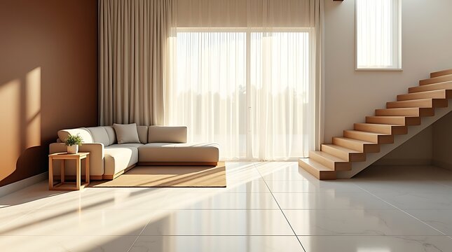 Minimalist Living Room &ndash; Beige Sofa, Floating Staircase & Natural Light with Modern Decor