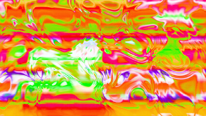 Abstract psychedelic glitch waves with neon colors, distorted digital fluid texture and VHS scanline effect