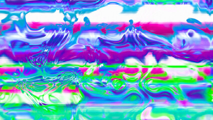 Abstract psychedelic glitch waves with neon colors, distorted digital fluid texture and VHS scanline effect