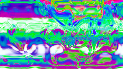Abstract psychedelic glitch waves with neon colors, distorted digital fluid texture and VHS scanline effect