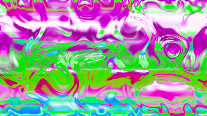 Abstract psychedelic glitch waves with neon colors, distorted digital fluid texture and VHS scanline effect
