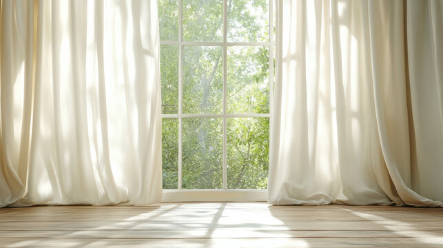 Bright curtains gently sway in morning breeze, illuminating serene indoor space