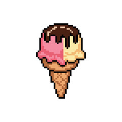 Fototapeta premium Pixel art illustration of ice cream cones in two flavors, strawberry and vanilla, topped with melted chocolate. Pixel style, for sweet and cheerful pixel food-themed games or designs.