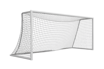 A 3D rendering of a soccer goal with a white frame and net, isolated on a transparent background. background removed