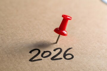Red pushpin marking the year 2026 on a textured brown background