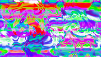 Abstract psychedelic glitch waves with neon colors, distorted digital fluid texture and VHS scanline effect
