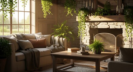 Fototapeta premium Cozy living room interior filled with natural light and lots of plants