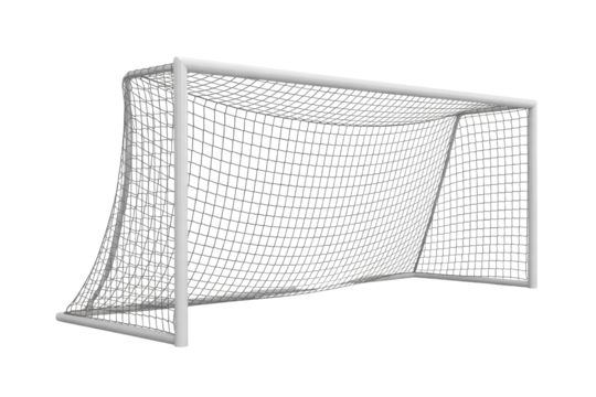 A 3D rendering of a soccer goal with a white frame and net, isolated on a transparent background. background removed