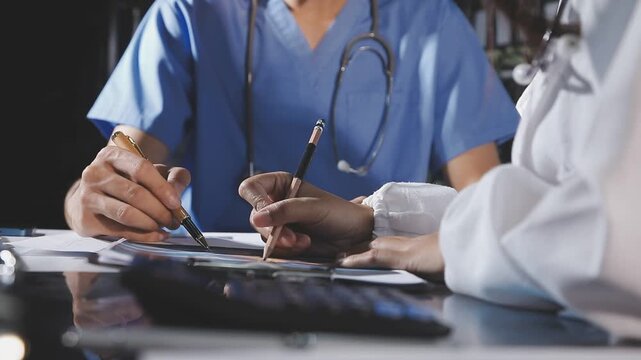 Medical, meeting and laptop for team in office in discussion, brainstorming and planning. Doctor, nurse and computer on desk, teamwork or workshop for data analytics.