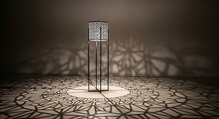 Artistic interplay of light and shadow with a patterned floor lamp creating geometric projections on the wall and
