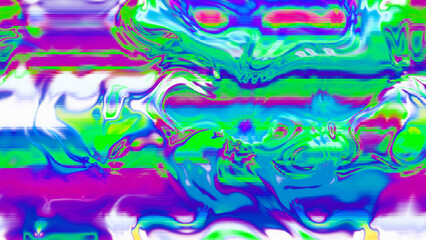 Abstract psychedelic glitch waves with neon colors, distorted digital fluid texture and VHS scanline effect