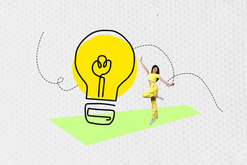 Full 3d image zine pop trend collage of happy girl dance light bulb idea finding blackout power led...