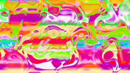 Abstract psychedelic glitch waves with neon colors, distorted digital fluid texture and VHS scanline effect