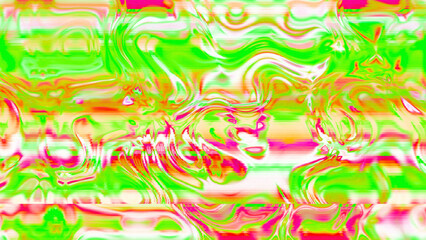 Abstract psychedelic glitch waves with neon colors, distorted digital fluid texture and VHS scanline effect