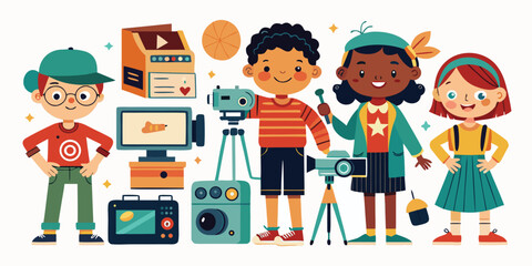 Children learning about retro cameras, cartoon vector illustration, perfect for education design