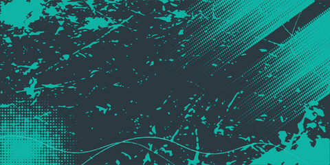 Abstract Teal Grunge Texture with Halftone Dots and Splatter Design.