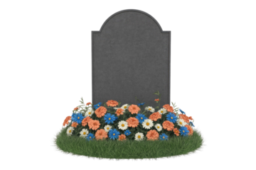 Blank gravestone with a ring of colorful flowers, grass, and a white border. background removed