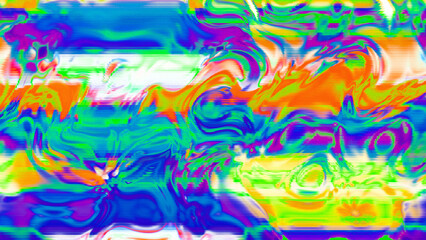 Abstract psychedelic glitch waves with neon colors, distorted digital fluid texture and VHS scanline effect