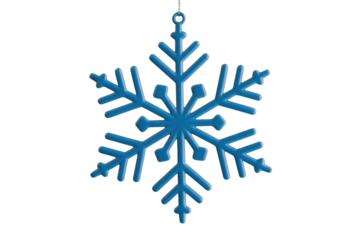 A blue snowflake ornament hangs against a transparent background, a festive winter decoration. background removed