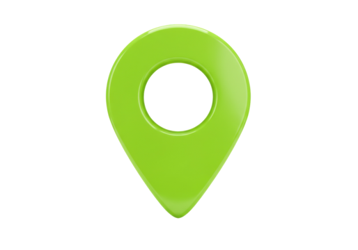 Green map pointer PNG isolated on transparent background, location pin icon for navigation and travel apps - Powered by Adobe