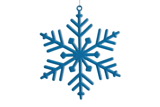 A blue snowflake ornament hangs against a transparent background, a festive winter decoration. background removed