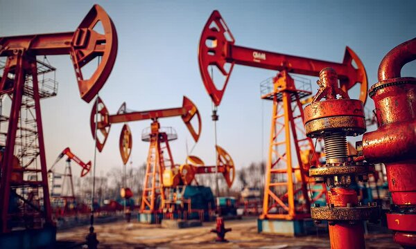 An aerial perspective of a vast industrial landscape featuring numerous oil extraction rigs and associated infrastructure under a clear sky showcasing the scale of energy production
