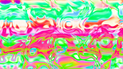 Abstract psychedelic glitch waves with neon colors, distorted digital fluid texture and VHS scanline effect