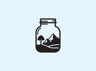 Fototapeta premium Solid Black Silhouette of a Jar with Tree and Mountain Inside on White Background Representing Nature Preservation 