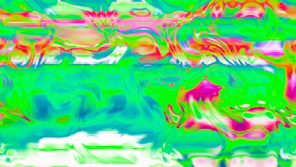 Abstract psychedelic glitch waves with neon colors, distorted digital fluid texture and VHS scanline effect