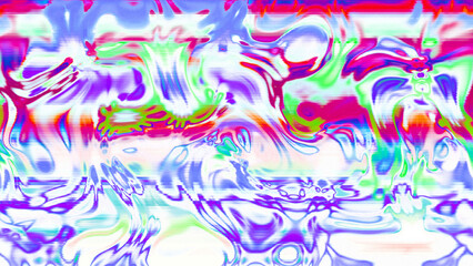Abstract psychedelic glitch waves with neon colors, distorted digital fluid texture and VHS scanline effect