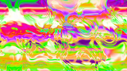 Abstract psychedelic glitch waves with neon colors, distorted digital fluid texture and VHS scanline effect