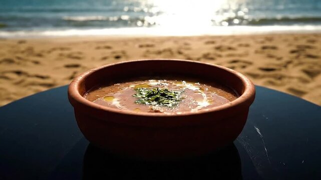 Fava Bean Stew in Earthenware Bowl at Beach with Sea and Sandy Shoreline Brown Fava Bean Stew Topped with Parsley and Olive Oil in the Sandy Beach with Sun Light Reflection