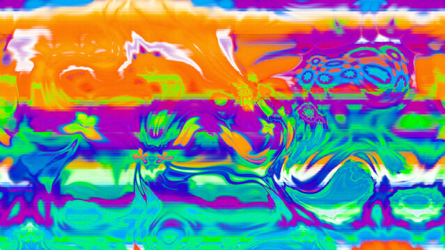 Abstract psychedelic glitch waves with neon colors, distorted digital fluid texture and VHS scanline effect