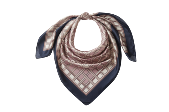 A navy and mauve silk scarf with a geometric pattern, elegantly knotted. background removed