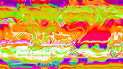Abstract psychedelic glitch waves with neon colors, distorted digital fluid texture and VHS scanline effect