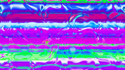 Abstract psychedelic glitch waves with neon colors, distorted digital fluid texture and VHS scanline effect