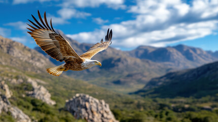 Fototapeta premium Majestic eagle soaring over mountain ridge, showcasing strength and freedom in nature beauty