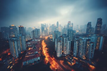 Obraz premium Dynamic cityscape at dusk with a tilt-shift perspective, showcasing glowing roads and towering skyscrapers.