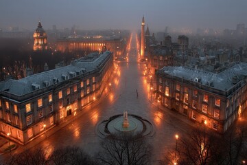 Dramatic night view of a grand historic European city street, warm lights.