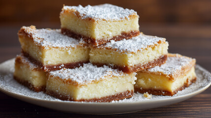 ホワイトチョコレートブラウニーのスクエア、粉砂糖トッピング、素朴なカフェ背景 / Square White Chocolate Brownies with Powdered Sugar on Rustic Caf&eacute; Background