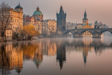 Naklejka premium Scenic Charles Bridge at sunrise, Vltava River with mist and historic Prague architecture