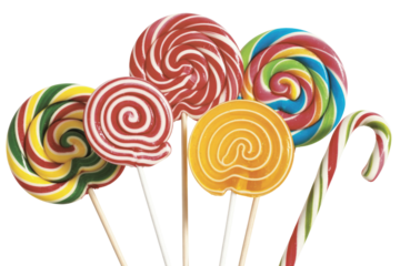 Assorted colorful lollipops and candy canes on sticks, a sweet treat. background removed
