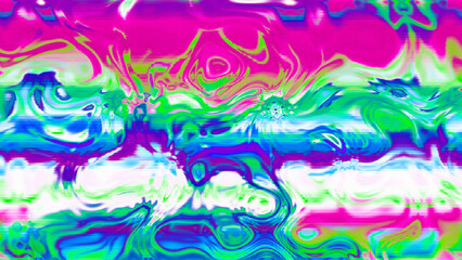 Abstract psychedelic glitch waves with neon colors, distorted digital fluid texture and VHS scanline effect