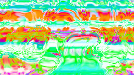 Abstract psychedelic glitch waves with neon colors, distorted digital fluid texture and VHS scanline effect