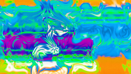 Abstract psychedelic glitch waves with neon colors, distorted digital fluid texture and VHS scanline effect