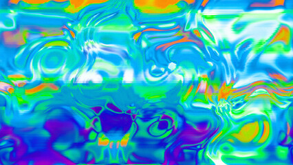 Abstract psychedelic glitch waves with neon colors, distorted digital fluid texture and VHS scanline effect