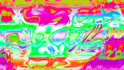 Abstract psychedelic glitch waves with neon colors, distorted digital fluid texture and VHS scanline effect