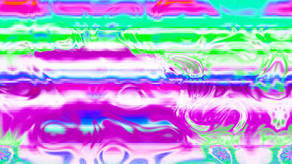 Abstract psychedelic glitch waves with neon colors, distorted digital fluid texture and VHS scanline effect