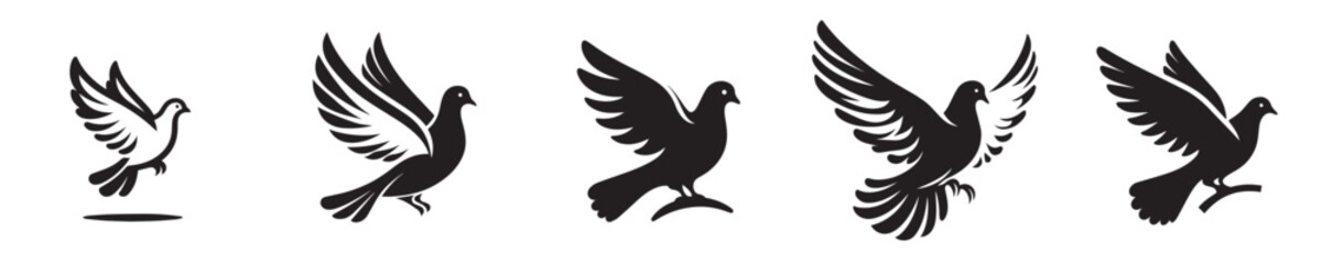 Fototapeta premium Flying Dove Silhouette Vector Set – Peace Bird Illustration Symbol of Freedom and Hope in Black and White
